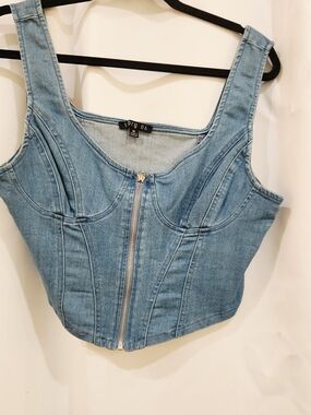 Light Blue Denim Zip-Front Crop Top